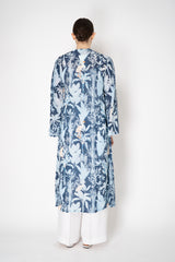 Verandah Duster Jacket with Sequin Fauna Embellishments in Blue Foliage Print Vancouver. Shop Online or in Store.