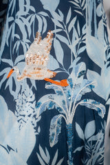 Verandah Duster Jacket with Sequin Fauna Embellishments in Blue Foliage Print Vancouver. Shop Online or in Store.