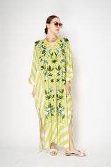 Verandah Hand Embellished Batwing Kaftan in Green Magnolia Print Vancouver. Shop Online or in Store.