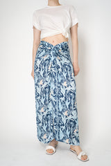 Verandah Satin Hand Draped Floral Skirt in Blue Foliage Print Vancouver. Shop Online or in Store.