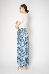 Verandah Satin Hand Draped Floral Skirt in Blue Foliage Print Vancouver. Shop Online or in Store.