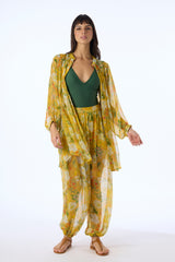 Verandah Sheer Cupro Jogger Pants in Yellow Tropical Print Vancouver. Shop Online or in Store.