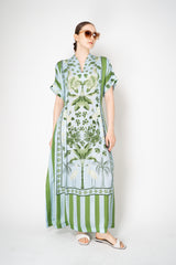 Verandah Short Sleeve Kaftan Dress in Green and Blue Stripes Vancouver. Shop Online or in Store.