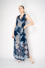 Verandah Vintage Cupro Chiffon and Lace Sleeveless Dress in Navy Floral Print Vancouver. Shop Online or in Store.