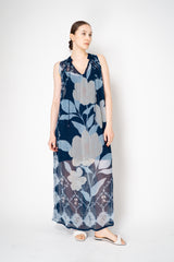 Verandah Vintage Cupro Chiffon and Lace Sleeveless Dress in Navy Floral Print Vancouver. Shop Online or in Store.