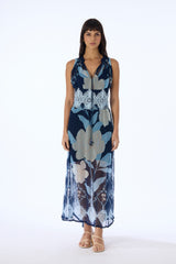 Verandah Vintage Cupro Chiffon and Lace Sleeveless Dress in Navy Floral Print Vancouver. Shop Online or in Store.