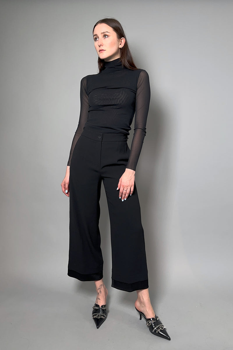 Annette Gortz Cropped Wide Crepe Pants with Layered Satin Detail in Black - Ashia Mode - Vancouver, BC