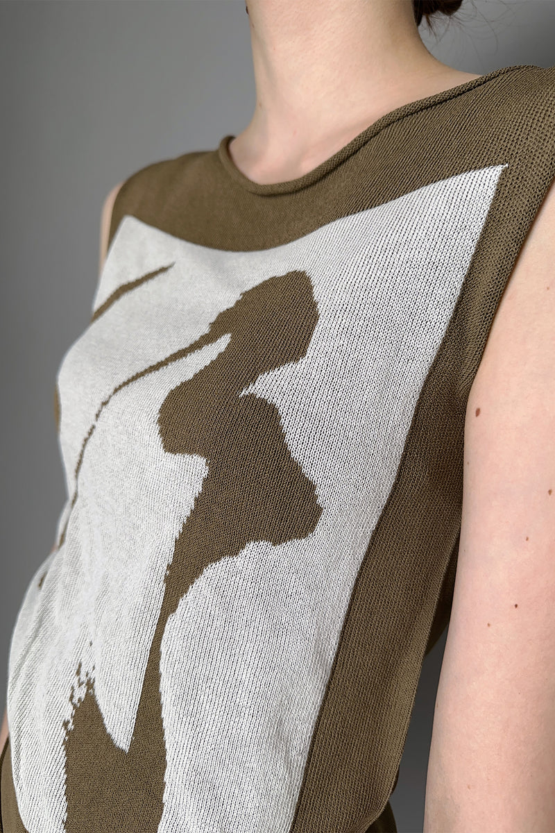 Annette Gortz Knitted Graphic Sleeveless Round Neck Top  in Khaki and White Vancouver. Shop Online or in Store.