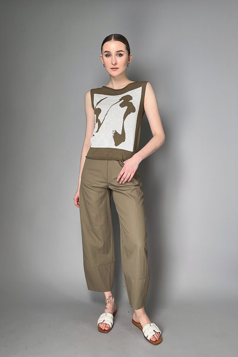 Annette Gortz Knitted Graphic Sleeveless Round Neck Top  in Khaki and White Vancouver. Shop Online or in Store.