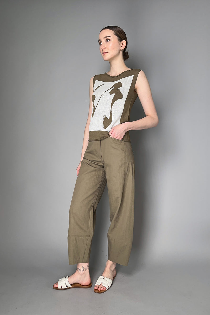 Annette Gortz Knitted Graphic Sleeveless Round Neck Top  in Khaki and White Vancouver. Shop Online or in Store.
