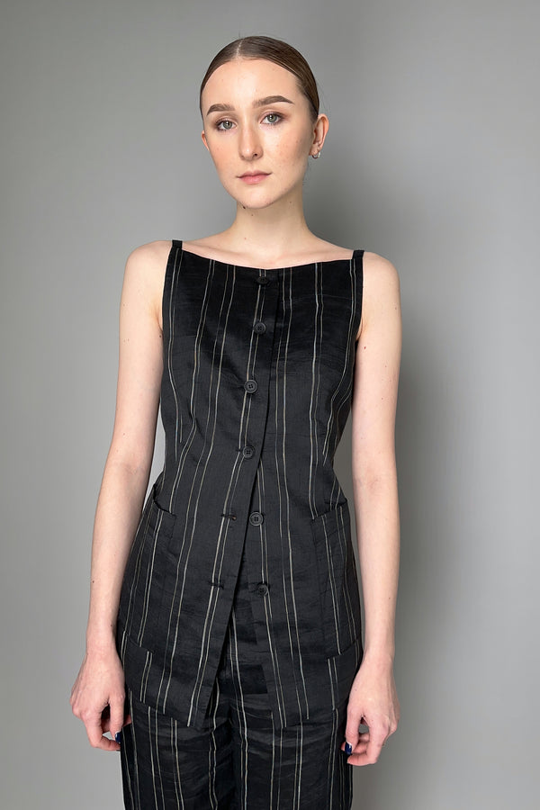 Annette Gortz Elegant Summer Linen Blend Pinstripe Vest Top in Black