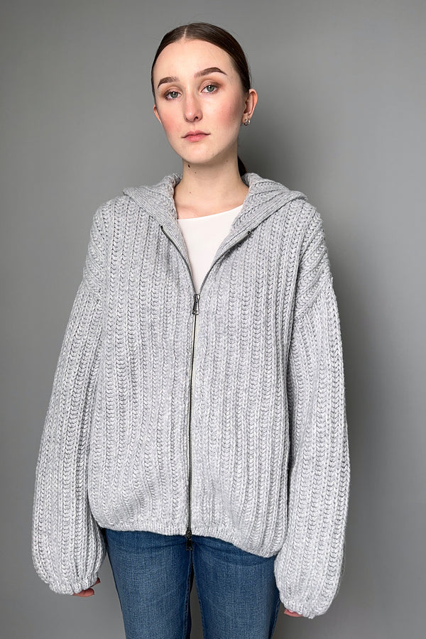 Antonelli Ancona Hooded Chunky Knit Zip Sweater in Light Grey- Ashia Mode- Vancouver, BC