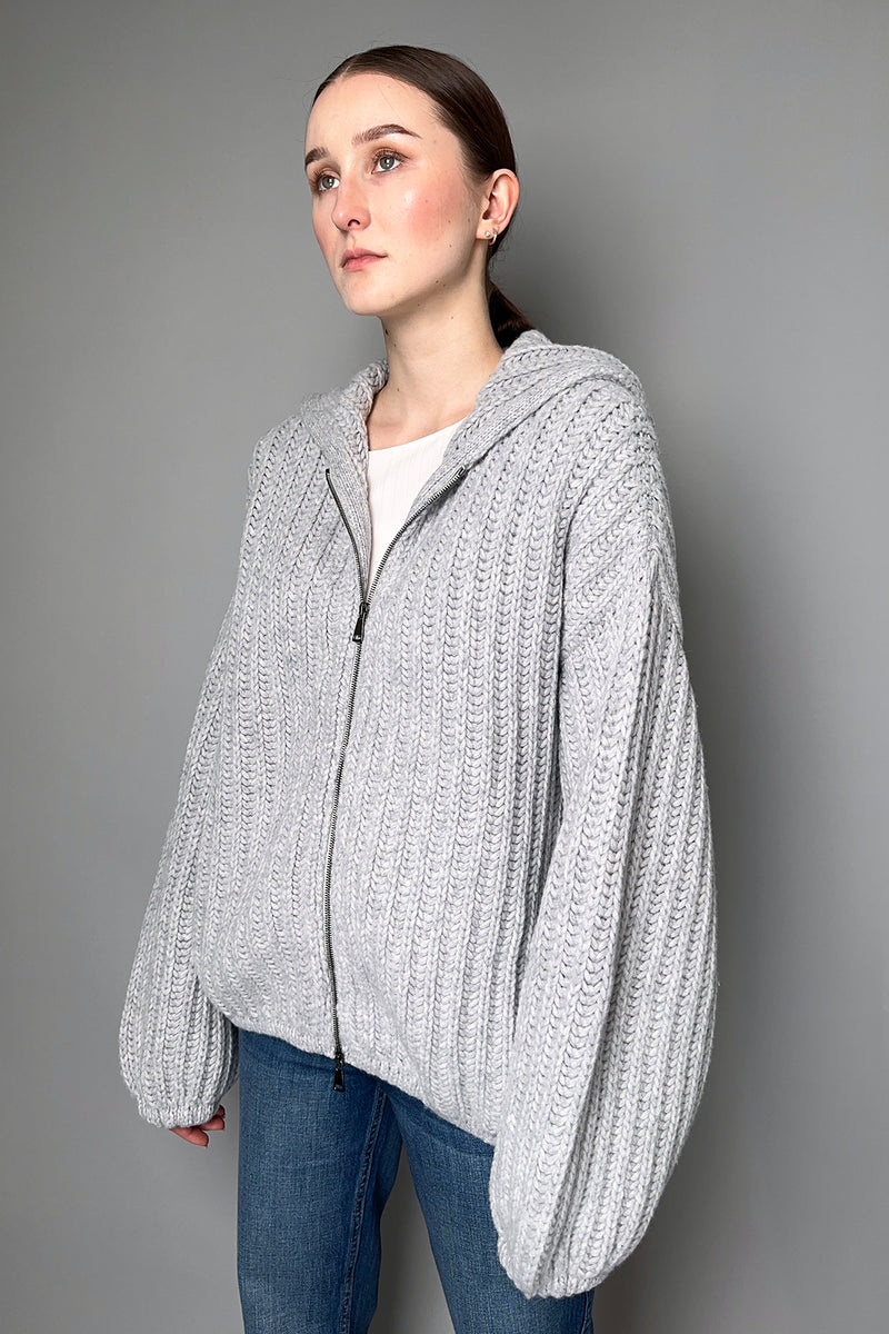 Antonelli Ancona Hooded Chunky Knit Zip Sweater in Light Grey- Ashia Mode- Vancouver, BC