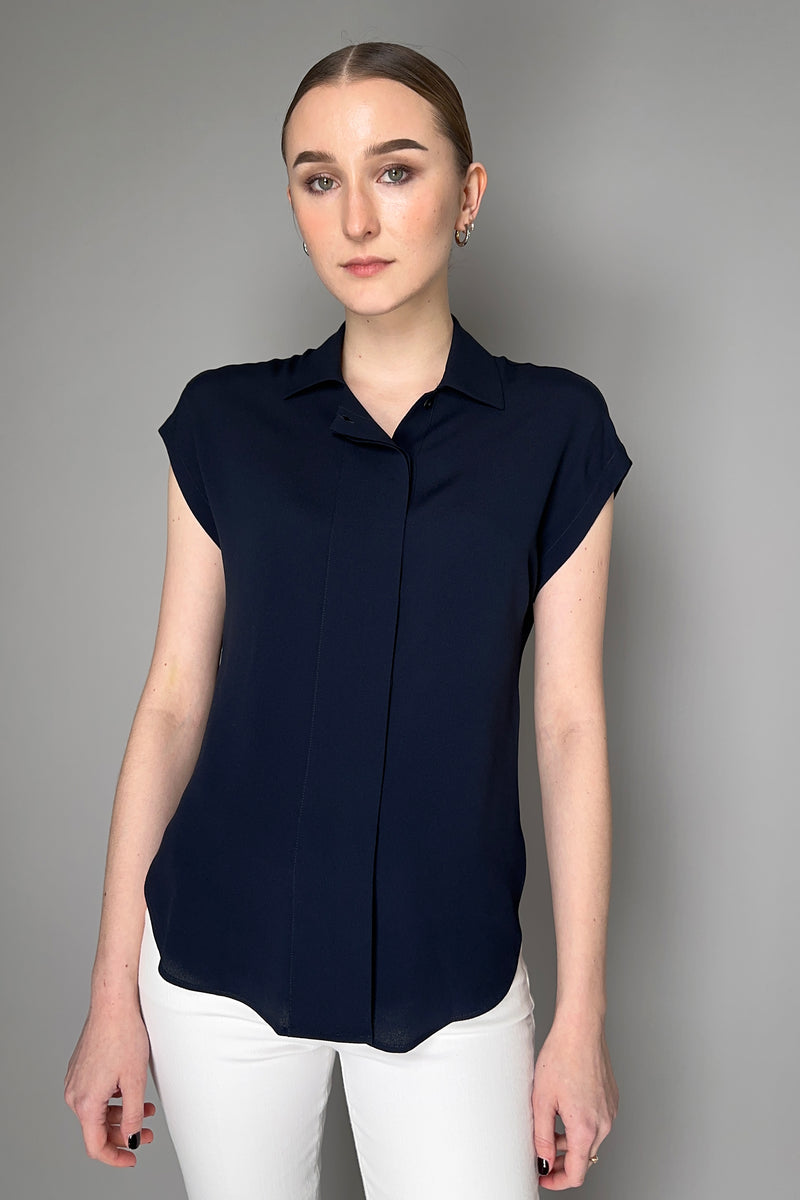 Antonelli Bramante Silk Crepe Short Sleeve Blouse in Navy Vancouver. Shop Online or in Store.
