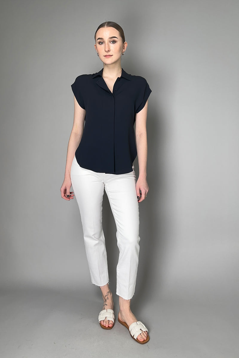 Antonelli Bramante Silk Crepe Short Sleeve Blouse in Navy Vancouver. Shop Online or in Store.