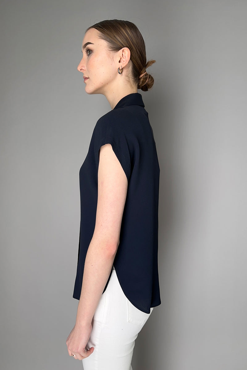 Antonelli Bramante Silk Crepe Short Sleeve Blouse in Navy