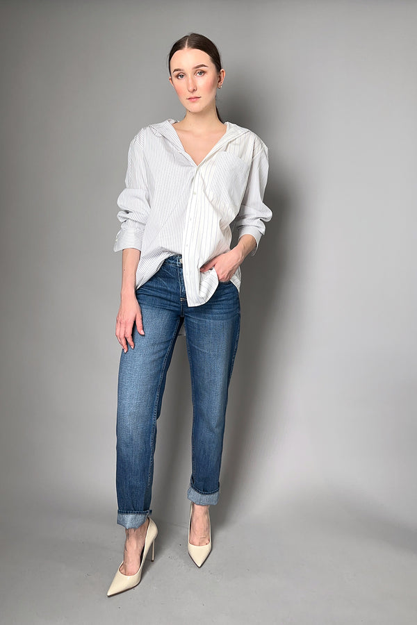 Antonelli Aspic Multi-Striped Cotton Blouse in White and Navy- Ashia Mode- Vancouver, BC