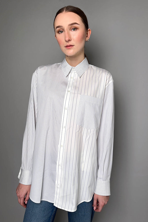 Antonelli Aspic Multi-Striped Cotton Blouse in White and Navy- Ashia Mode- Vancouver, BC