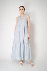 Peserico V-neck Linen Tiered Dress in Light Blue Vancouver. Shop Online or in Store.
