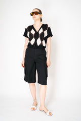 Lorena Antoniazzi Knit Cotton Short Sleeve Cardigan in White and Black Romboid Print