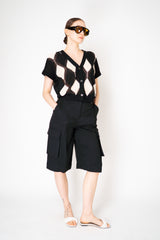 Lorena Antoniazzi Knit Cotton Short Sleeve Cardigan in White and Black Romboid Print