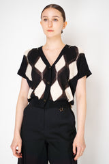 Lorena Antoniazzi Knit Cotton Short Sleeve Cardigan in White and Black Romboid Print