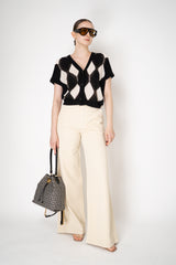 Lorena Antoniazzi Knit Cotton Short Sleeve Cardigan in White and Black Romboid Print