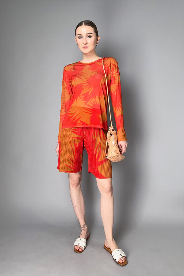 Pleats Please Issey Miyake Piquant Shorts in Red and Orange Pattern