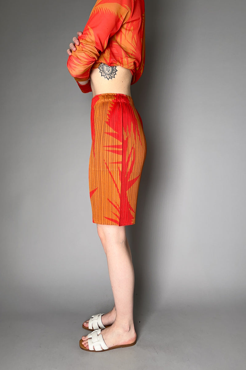 Pleats Please Issey Miyake Piquant Shorts in Red and Orange Pattern