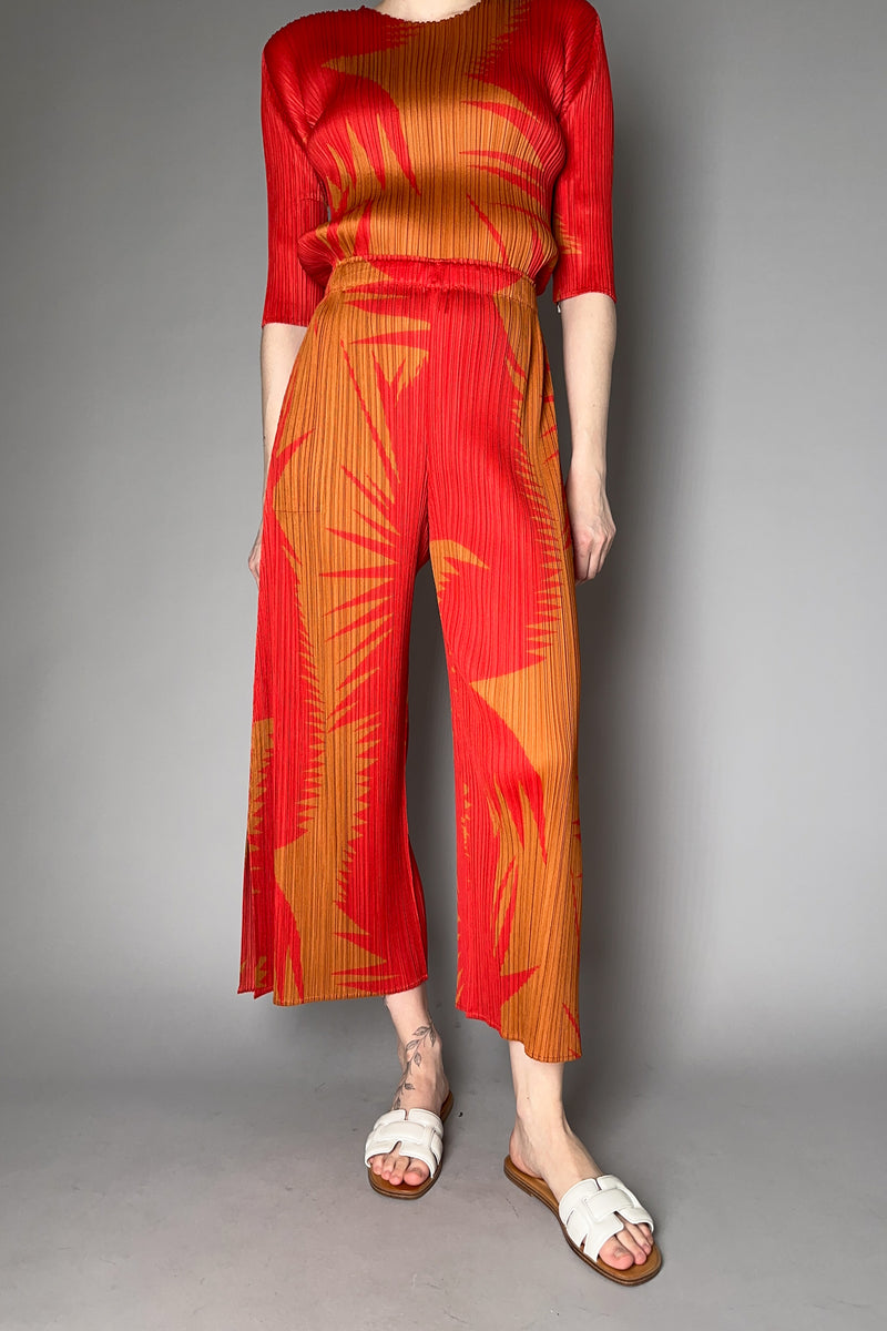 Pleats Please Issey Miyake Piquant Wide Leg Pants in Red and Orange Pattern