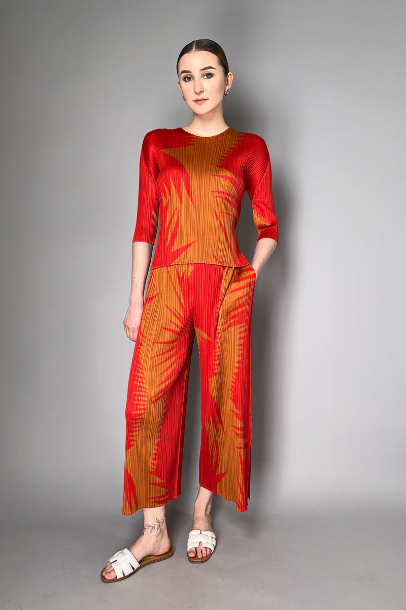 Pleats Please Issey Miyake Piquant Wide Leg Pants in Red and Orange Pattern