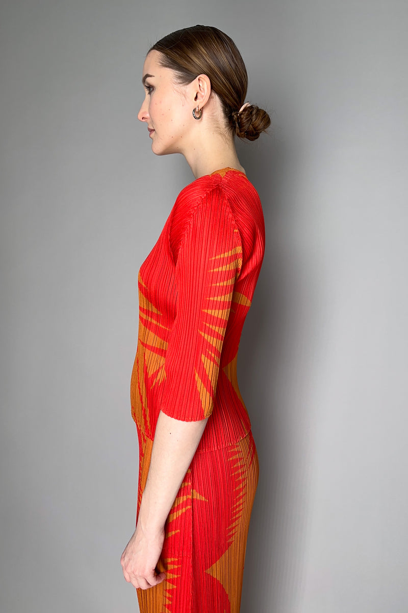 Pleats Please Issey Miyake Piquant 3/4 Sleeve Top in Red and Orange Pattern