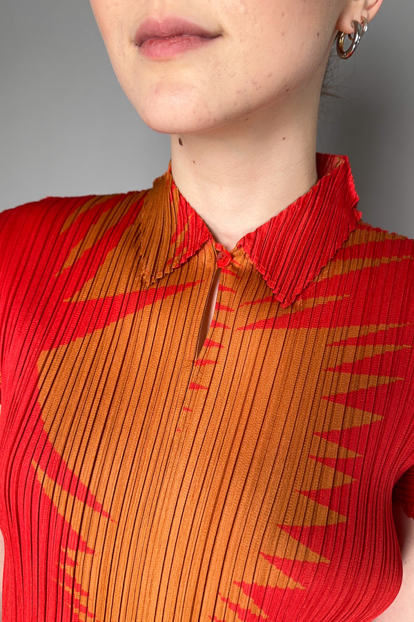 Pleats Please Issey Miyake Piquant Polo Shirt in Red and Orange Pattern