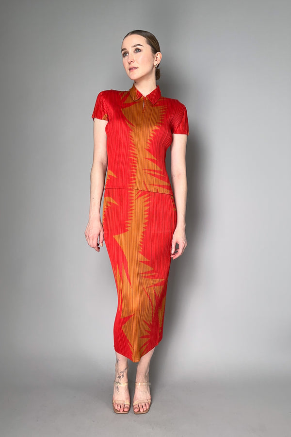 Pleats Please Issey Miyake Piquant Long Skirt in Red and Orange Pattern Vancouver. Shop Online or in Store.
