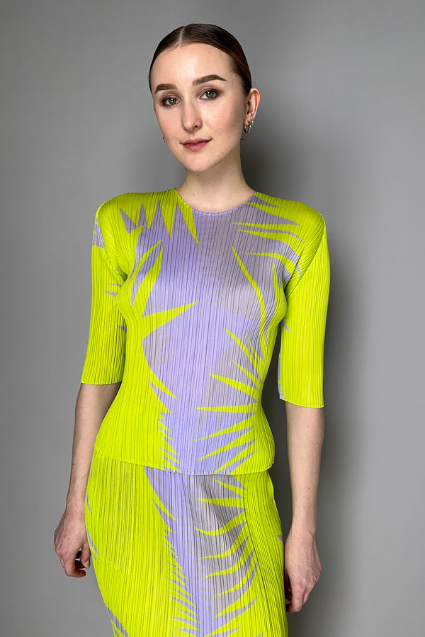 Pleats Please Issey Miyake Piquant 3/4 Sleeve Top in Green and Grey Pattern