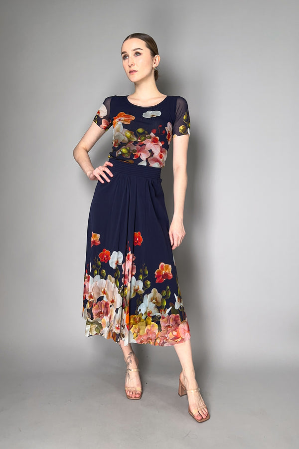 Fuzzi Blooming Florals Pleated Tulle Skirt in Navy