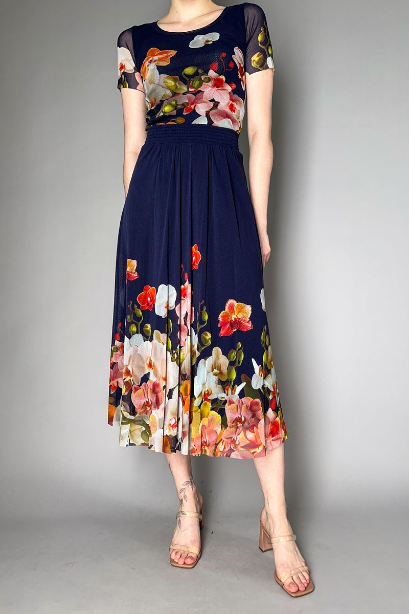 Fuzzi Blooming Florals Pleated Tulle Skirt in Navy