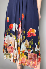 Fuzzi Blooming Florals Pleated Tulle Skirt in Navy