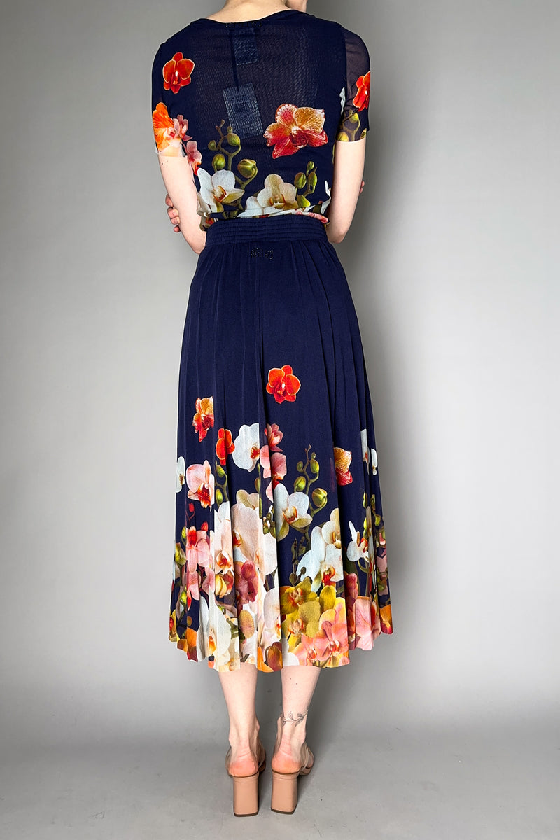 Fuzzi Blooming Florals Pleated Tulle Skirt in Navy