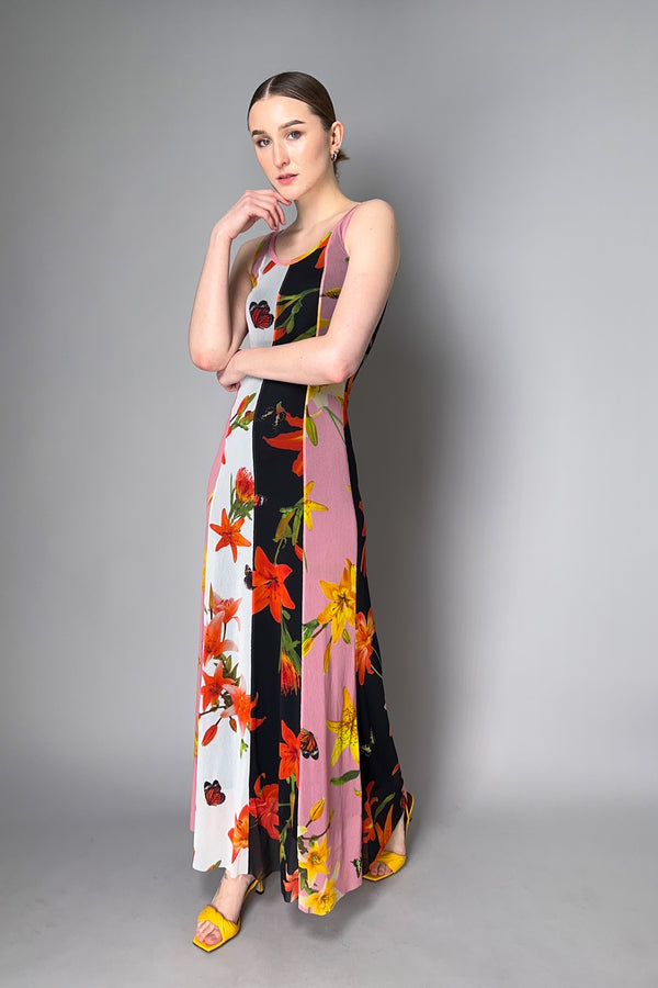 Fuzzi Long Tank Dress with Color Blocking Floral Stripes in Pink, Black, and White