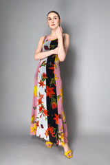 Fuzzi Long Tank Dress with Color Blocking Floral Stripes in Pink, Black, and White Vancouver. Shop Online or in Store. 