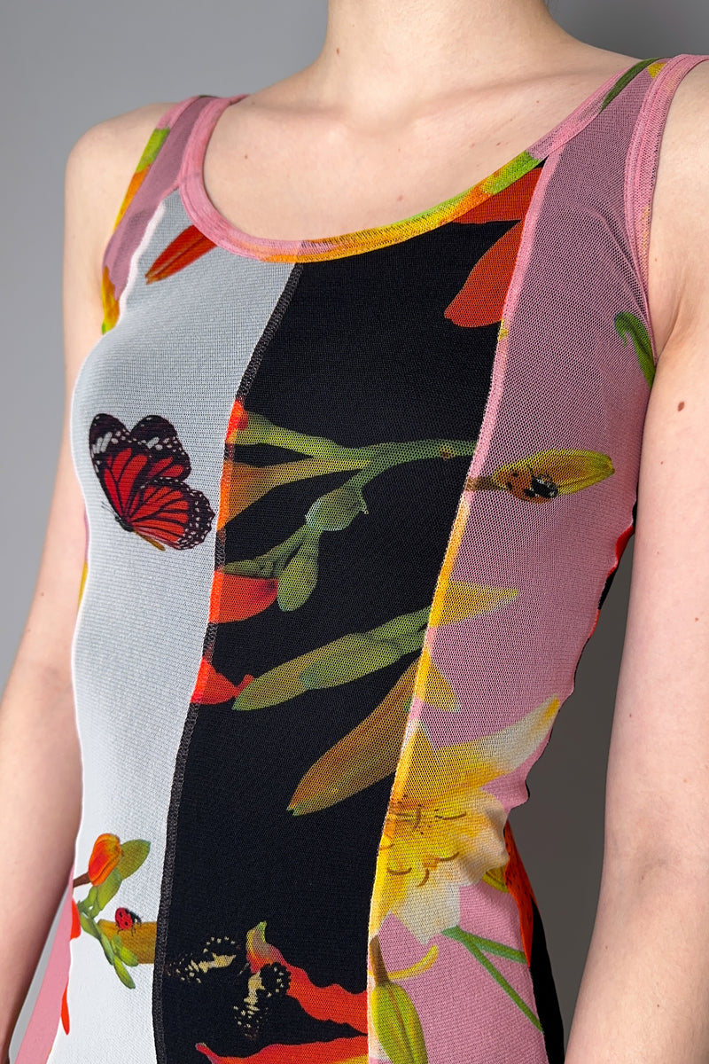 Fuzzi Long Tank Dress with Color Blocking Floral Stripes in Pink, Black, and White Vancouver. Shop Online or in Store. 