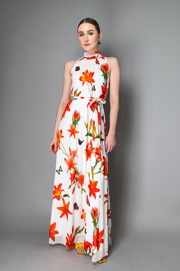 Fuzzi Long Halter Neck Floral Dress in White and Orange Print