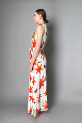 Fuzzi Long Halter Neck Floral Dress in White and Orange Print