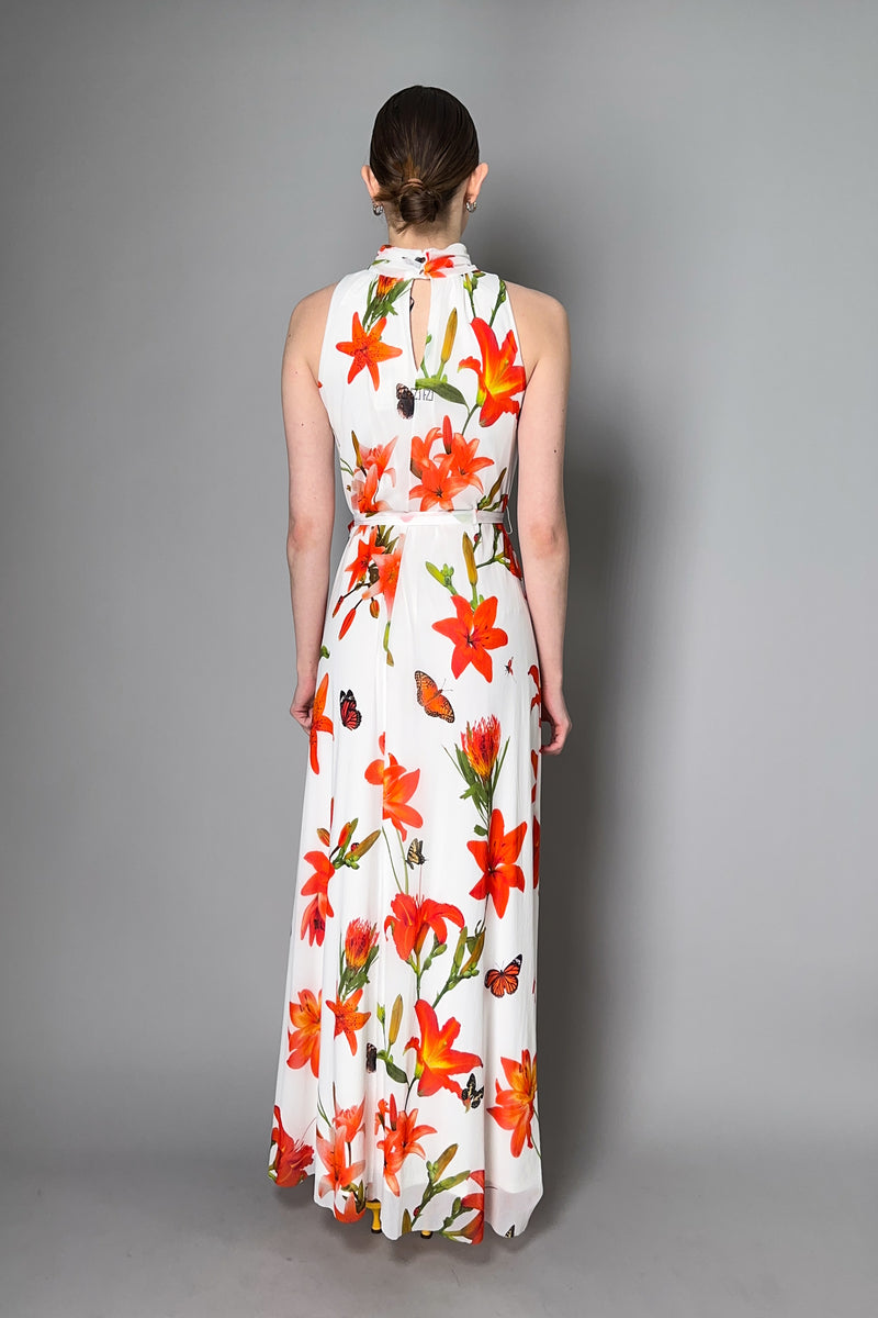 Fuzzi Long Halter Neck Floral Dress in White and Orange Print