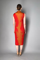 Pleats Please Issey Miyake Piquant Sleeveless Dress in Red and Orange Pattern