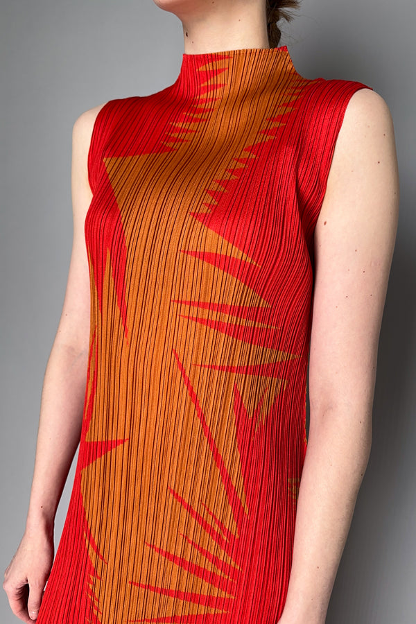 Pleats Please Issey Miyake Piquant Sleeveless Dress in Red and Orange Pattern