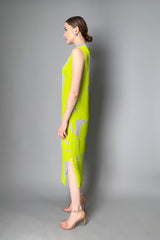 Pleats Please Issey Miyake Piquant Sleeveless Dress in Green and Grey Pattern