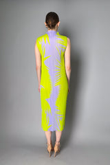 Pleats Please Issey Miyake Piquant Sleeveless Dress in Green and Grey Pattern
