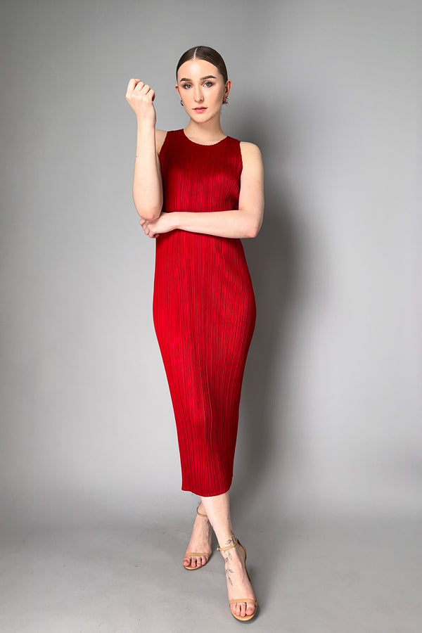 Pleats Please Issey Miyake New Colorful Basics Sleeveless Dress in Red